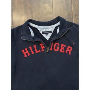 Tommy Hilfiger Sweater Mens Small Blue Quarter Zip Red Spell Out Logo Casual‎